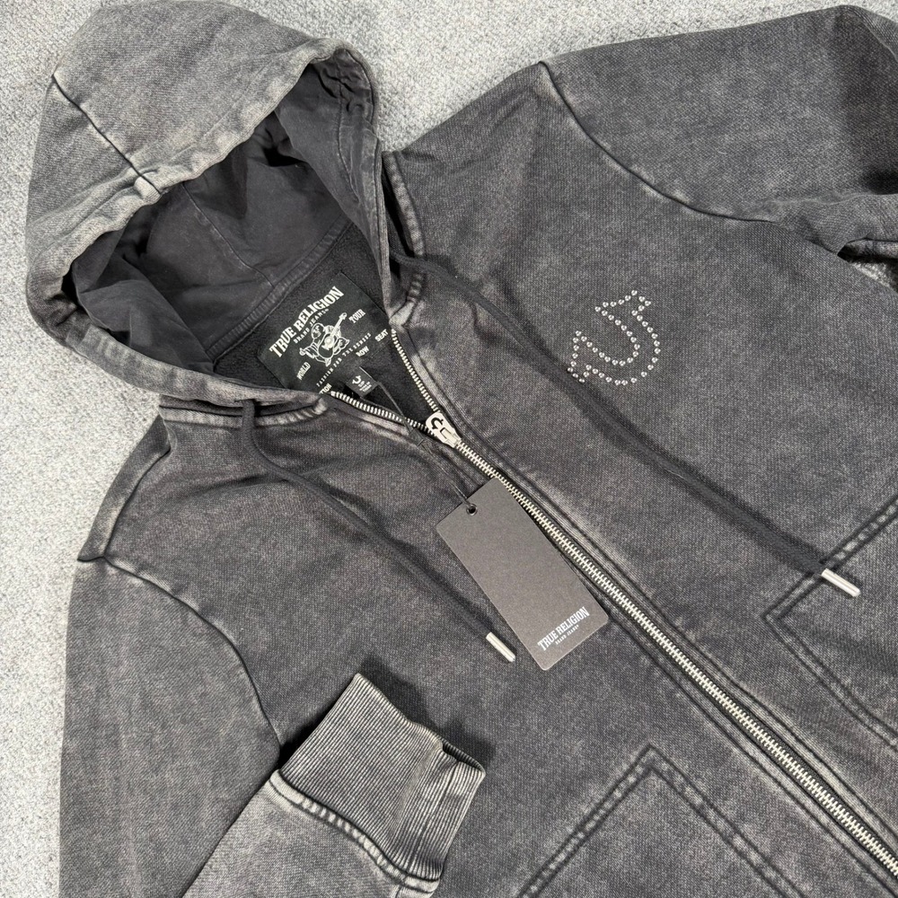 True Religion Mens Studded Zip Up Hoodie Jet Black Acid Wash Size S New #4973